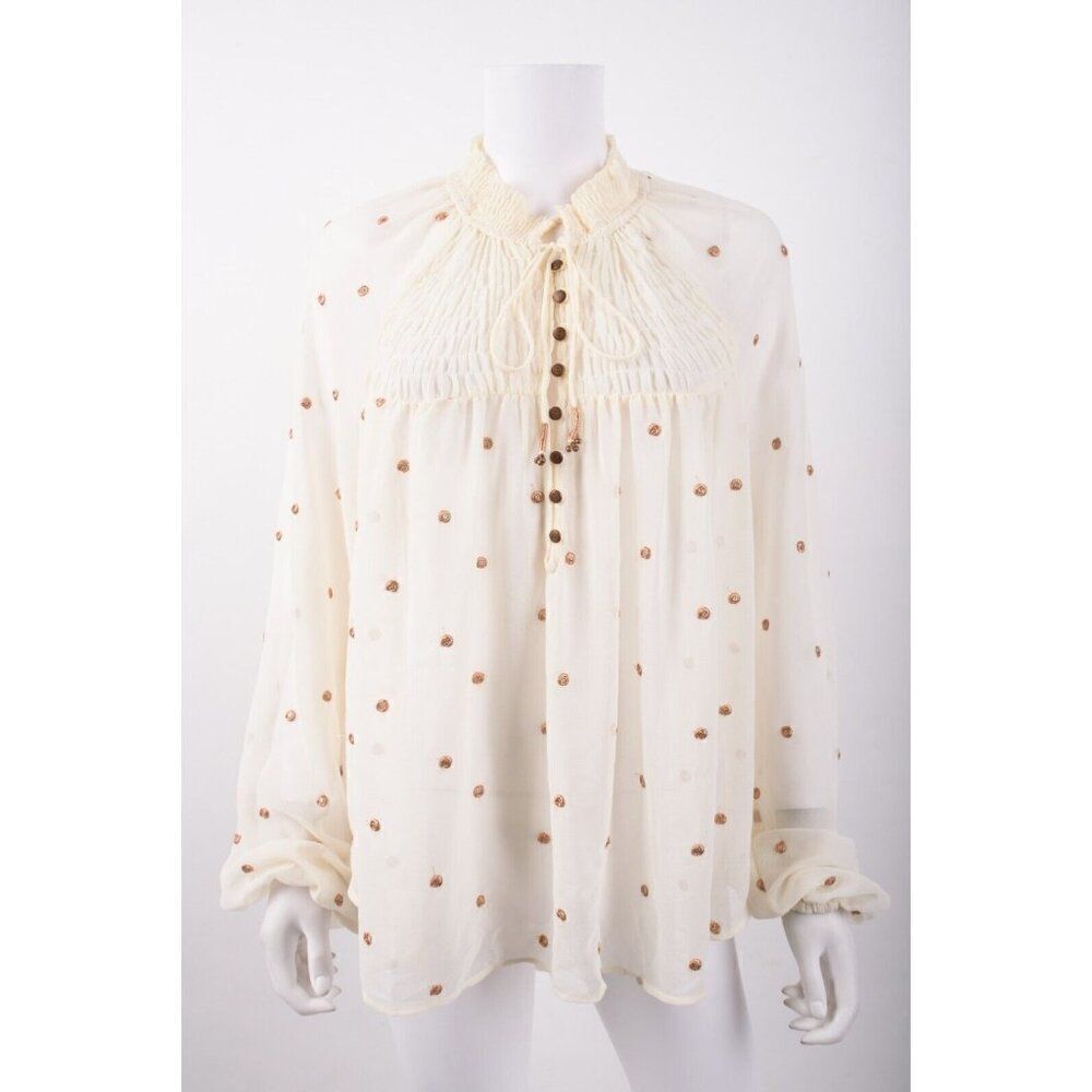 Free People Womans Peasant Blouse Shirt Top Sz M Ecru Beige Gold Dots Oversized